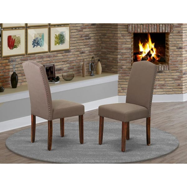 East West Furniture Mahogany, Classic Parson Chairs - Nailhead Trim Dark Coffee Linen Fabric Upholstered Dining Chairs, Set Of 2