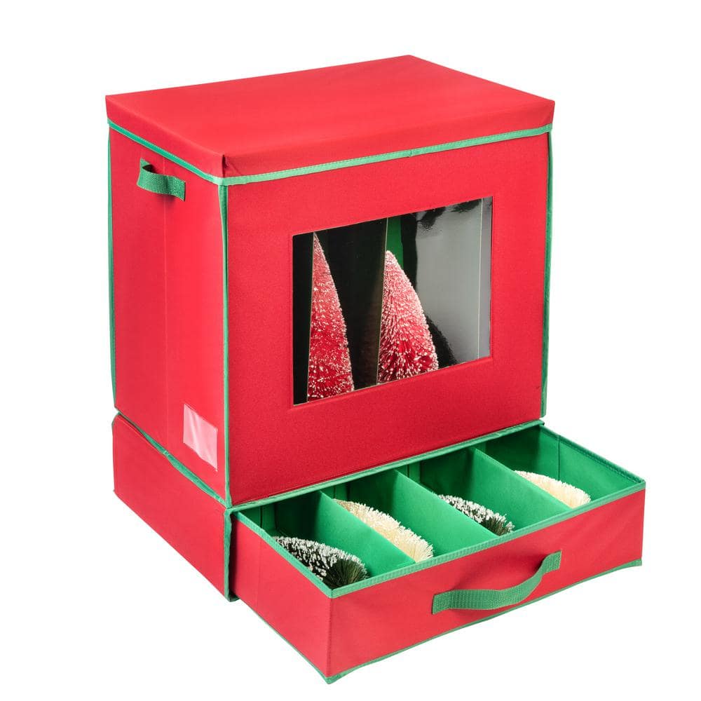 Red Fabric Christmas Ornament Storage Box with Viewing Window