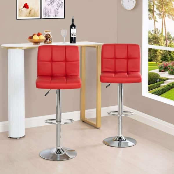 HOMESTOCK Set of 2 Bar Stools Adjustable Swivel Bar Chair Leather Counter Stools Bar Chairs, Stool for Kitchen Counter, Red