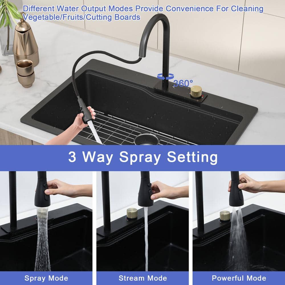 33" Matte Black Granite Composite Single Bowl Kitchen Sink with Pull Down Faucet