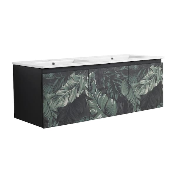 Dimakai 48 in. W x 18.30 in. D x 17.30 in. H Dual Sink Wall-Mounted Bath Vanity in Zebra Print with White Ceramic Sink