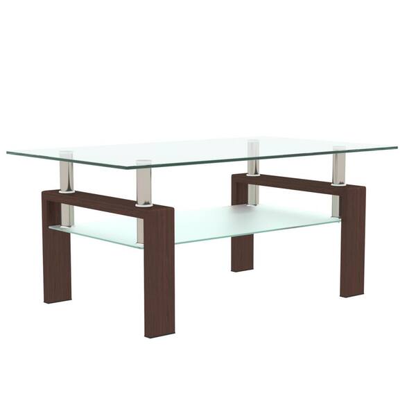 Angel Sar 39.37 in. Modern Rectangle Glass Coffee Table with Metal Tube for Living Room, Clear and Walnut