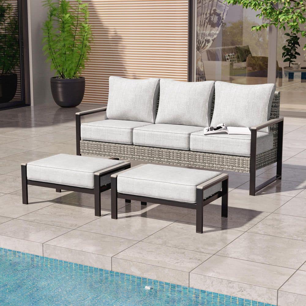 3 Pieces Patio Conversation Set Sofa with Ottomans All-Weather PE Rattan Gray Wicker with Linen Grey Cushion price history on PriceWatchPro