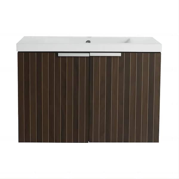Modland Yunns 29 in. W x 18 in. D x 20 in. H Single Sink Floating Soft Closing Bath Vanity in Silver-Brown with White Resin Top