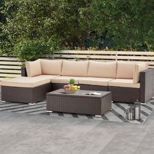 Modern 6-Piece Wicker Patio Conversation Sectional Set with Beige Cushions