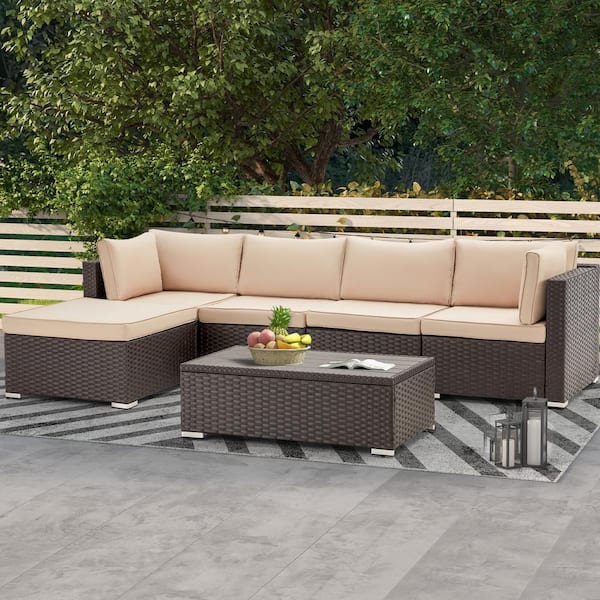 Runesay Modern 6-Piece Wicker Patio Conversation Sectional Set with Beige Cushions