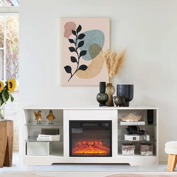 SUNRINX 58 in. Freestanding Electric Fireplace TV Stand with LED Lights in White Modern