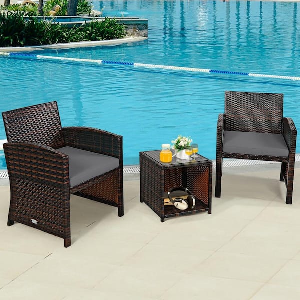 Liviza 3-Piece Wicker Patio Conversation Set with Gray Cushions and Storage Table