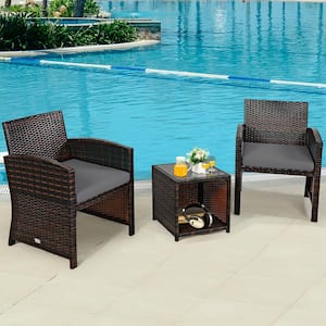 3-Piece Wicker Patio Conversation Set with Gray Cushions and Storage Table