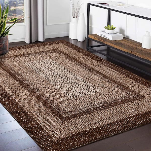 8 ft. x 10 ft. Brown Modern Bordered Washable Rug Non Slip Throw Rugs for Entryway Soft Bedroom Entry Accent Rugs