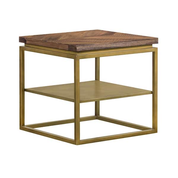 Armen Living Faye Rustic Brown Wood 19 in. H Side table with Shelf and Antique Brass Base
