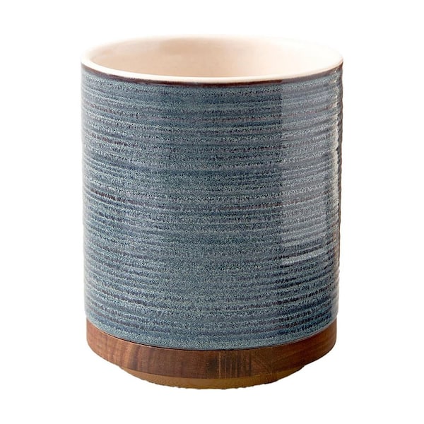 Blue Ceramic 360° Rotating Extra Large Kitchen Utensil Holder with Weighted Wood Base