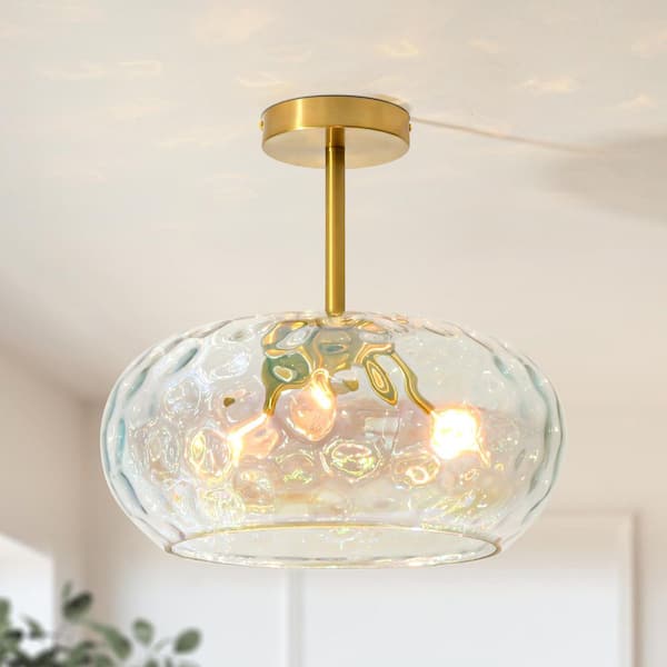 Austin 14 in. 3-Light Modern Gold Ceiling Light Drum Iridescent Water Ripple Glass Semi-Flush Mount Light