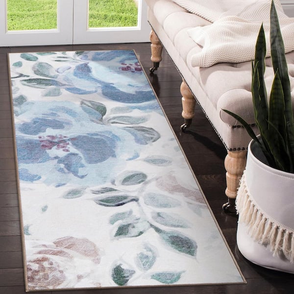Sasha Cream Blue 2.5 ft. x 7 ft. Floral Washable Runner Rug