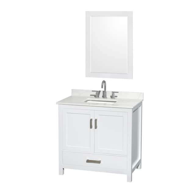 Wyndham Collection Sheffield 36 in. W x 22 in. D x 35 in. H Single Bath Vanity in White with Giotto Quartz Top and 24 in. Mirror