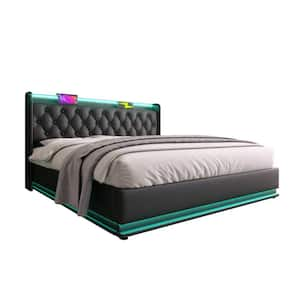 Black Wood Frame King Size PU Leather Upholstered Platform Bed with 360 Surround LED Function and USB Type-C charging