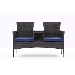 1-Piece Brown Wicker Outdoor Loveseat with Built-in Coffee Table, Tempered Glass Top and Blue Cushions for Garden, Patio