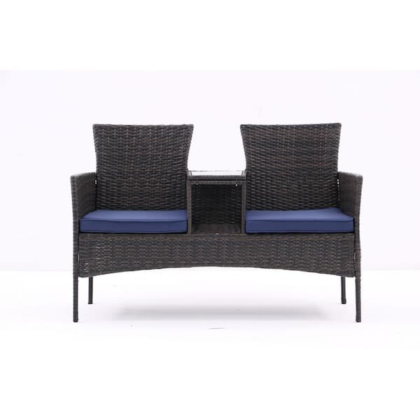 Zeus & Ruta 1-Piece Brown Wicker Outdoor Loveseat with Built-in Coffee Table, Tempered Glass Top and Blue Cushions for Garden, Patio