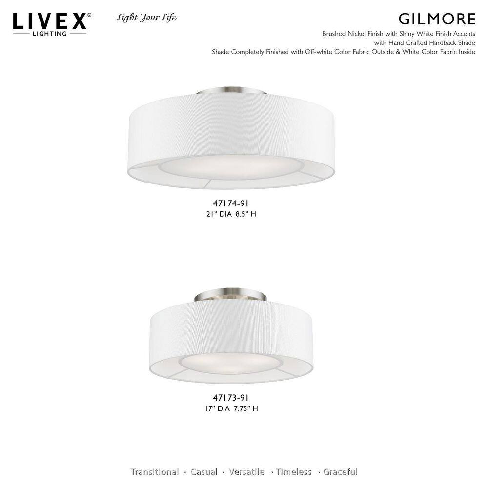 Elegant Brushed Nickel 3-Light Semi-Flush Mount with Off-White Drum Shade