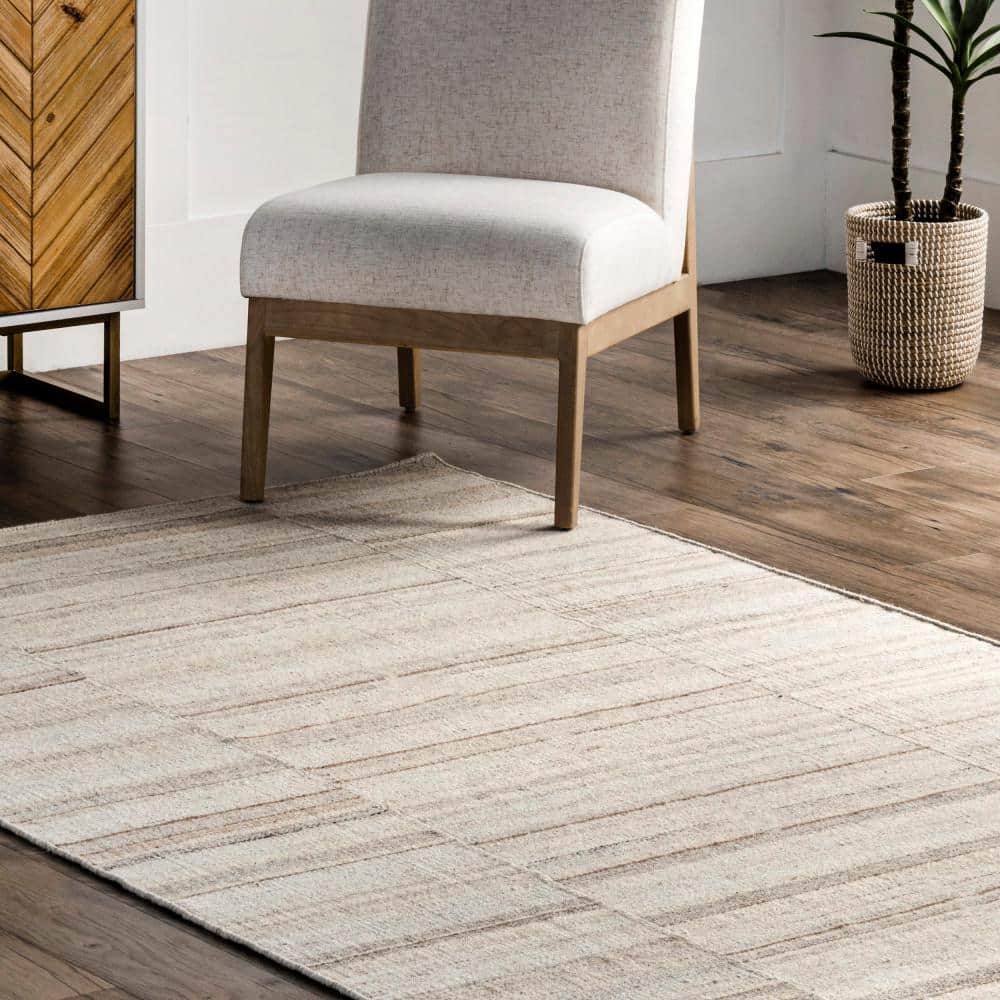 Beige and Gray Wool Stripe Handmade Rectangular Area Rug 6' x 9'