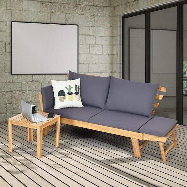 Wood Patio Chairs Outdoor Dining Chairs Garden Gray Cushion with Armrest Steel Frame (Set of 4)