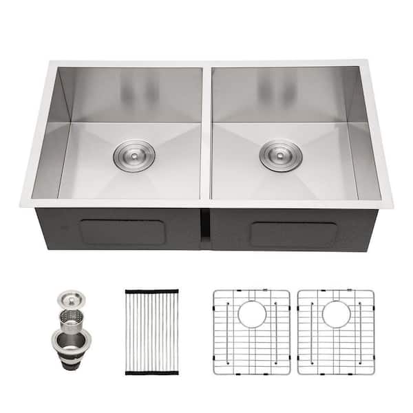 33 in. Undermount 50/50 Double Bowl 18-Gauge Stainless Steel Sliver Kitchen Sink with Roll Up Rack