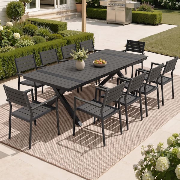composite slatted patio dining table umbrella hole MFSTUDIO for 6, Black Metal Table w/Umbrella 18.90 W * 19.29 D Overall size(Armless chair) 11 PCS Outdoor Patio Dining