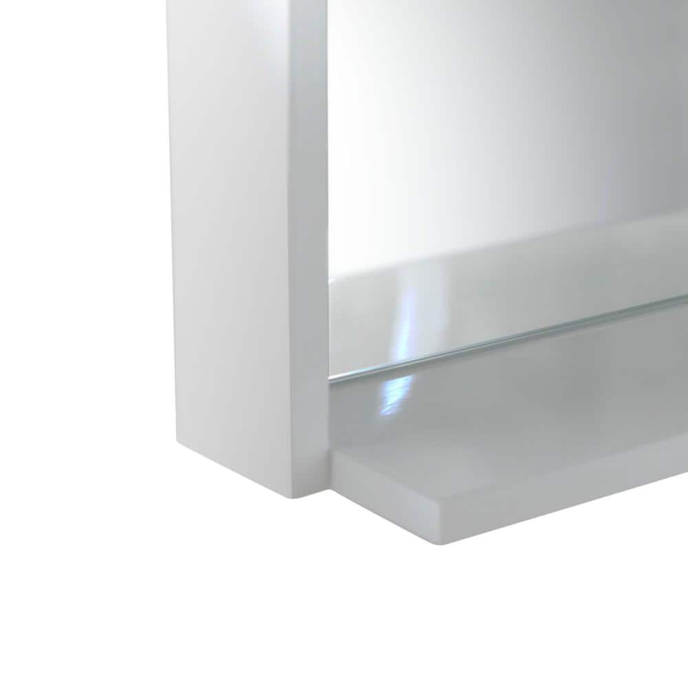 Modern Rectangular Frameless White Wood Vanity Mirror with Shelf