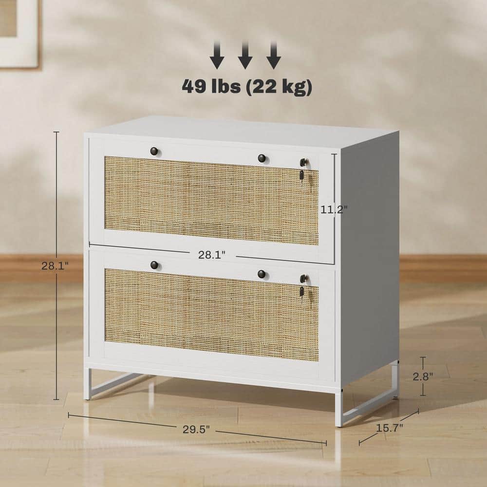 White and Rattan 2-Drawer Lockable Vertical File Cabinet