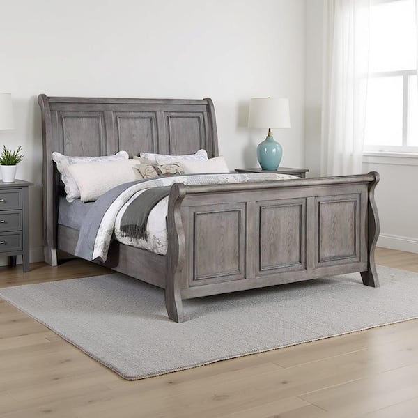 Demi Oak Gray Queen Wood Frame Sleigh Bed with Headboard and Tri Panel Molding