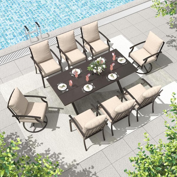 9-Piece Metal Rectangular Outdoor Patio Dining Set with 2 Swivel Chairs, 6 fixed Chairs, Sand