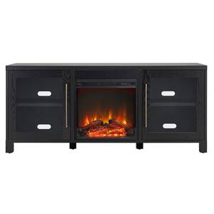 Quincy 58 in. Black Grain TV Stand Fits TV's up to 65 in. with Log Electric Fireplace Insert