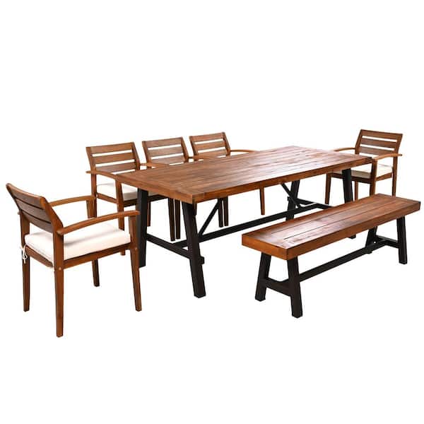 URTR 7-Piece Thick Wood Outdoor Dining Set for 7-8 Person Patio Conversation Set with Table, Armchairs, Bench, Beige Cushion