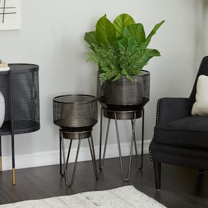 30 in., and 24 in. Extra Large Black Metal Indoor Outdoor Planter with Removable Stand (2- Pack)