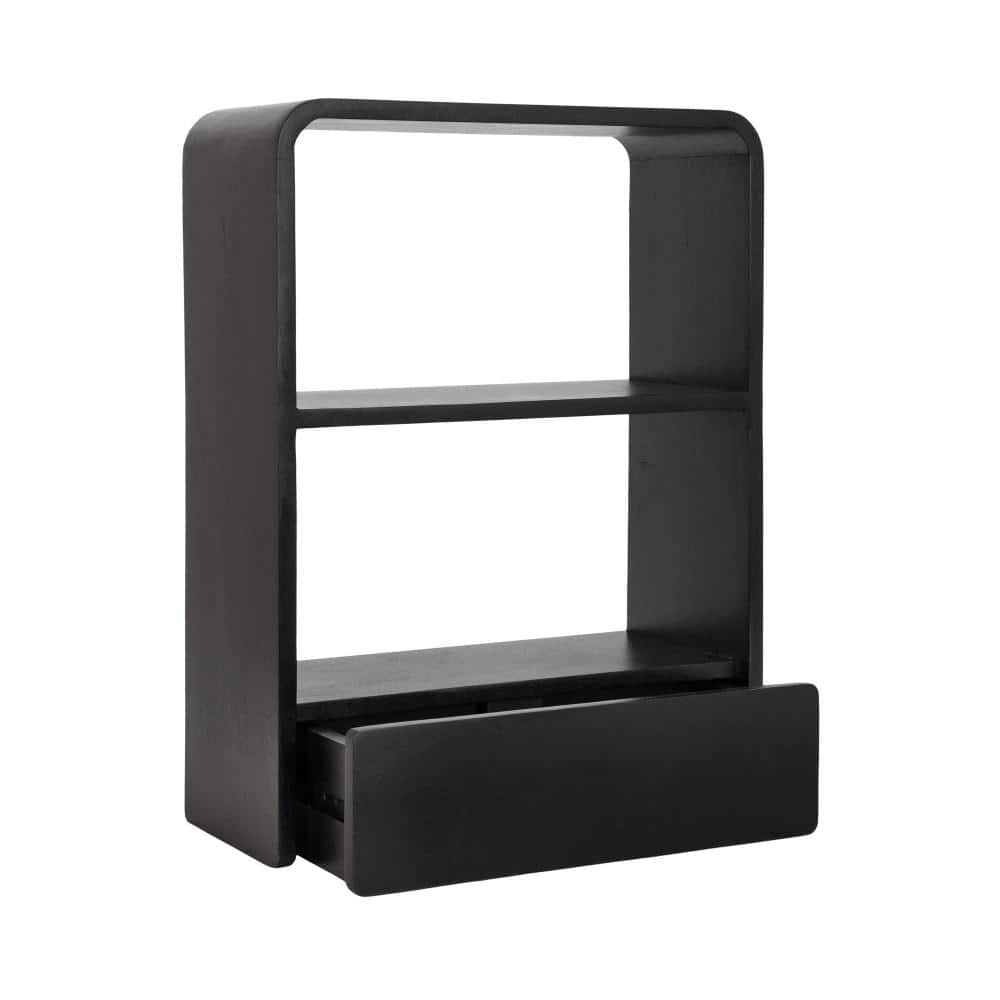 Black Mango Wood Floating Wall Shelf with Drawer, 18" x 24"
