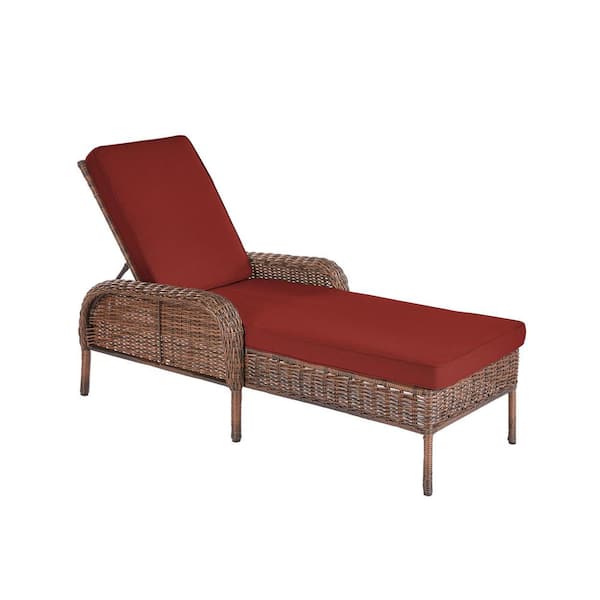 Hampton Bay Cambridge Brown Wicker Outdoor Patio Chaise Lounge with Sunbrella Henna Red Cushions