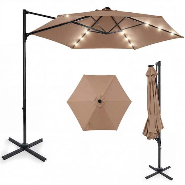 dark brown hanging patio umbrella Costway 10 ft. Patio Cantilever Umbrella Large Offset Hanging Umbrella with  Solar LED Lights Patio Umbrella in Brown HCST13853