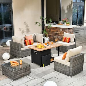 Sanibel Gray 6-Piece Wicker Outdoor Patio Conversation Sofa Sectional Set with a Storage Fire Pit and Beige Cushions