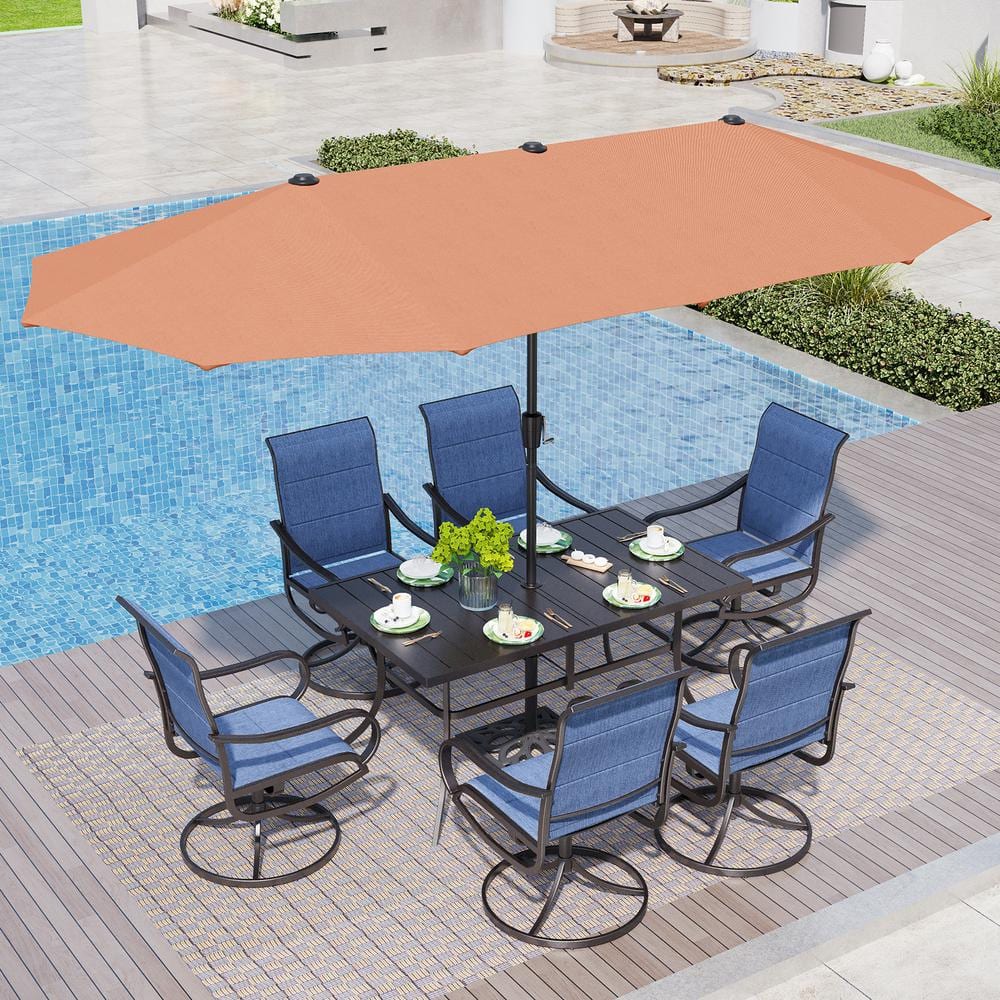 Black 8-Piece Metal Patio Outdoor Dining Set with Rectangle Table, Red Umbrella and Padded Blue Textilene Swivel Chairs price history on PriceWatchPro