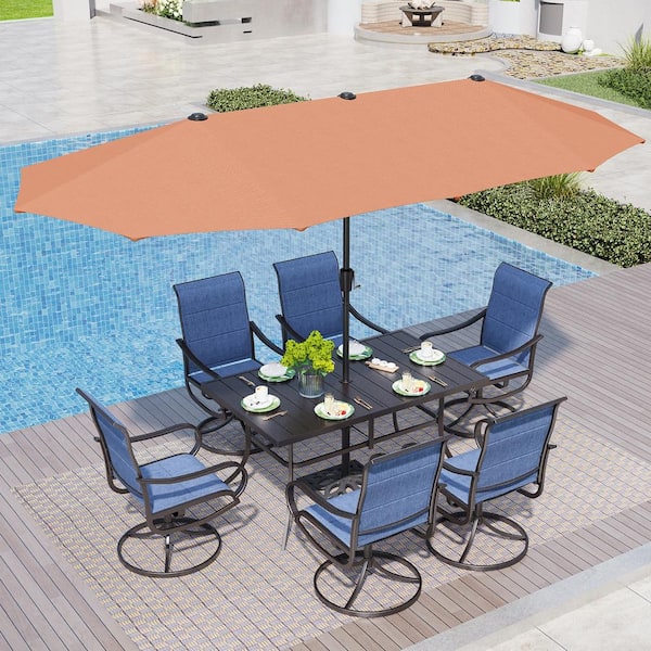 PHI VILLA Black 8-Piece Metal Patio Outdoor Dining Set with Rectangle Table, Red Umbrella and Padded Blue Textilene Swivel Chairs