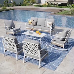 White 6-Piece Metal Outdoor Patio Conversation Seating Set with Rocking Chairs, Marbling Coffee Table and Gray Cushions