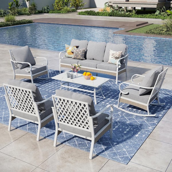 PHI VILLA White 6-Piece Metal Outdoor Patio Conversation Seating Set with Rocking Chairs, Marbling Coffee Table and Gray Cushions