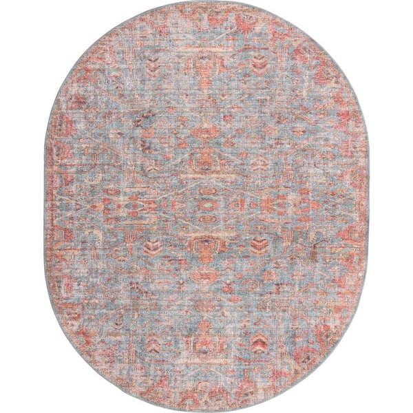 Nostalgia Olivia Antique Blue 8 ft. x 10 ft. Oval Machine Washable Area Rug