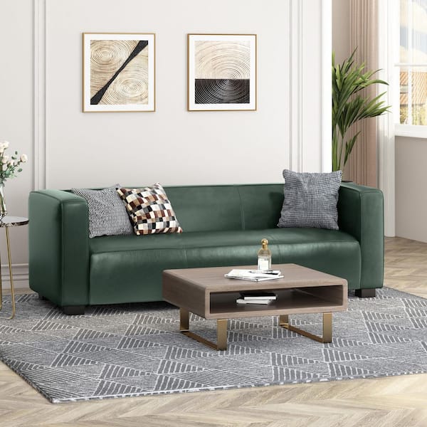 Denison 80.25 in. Square Arm Faux Leather Rectangle 3-Seater Sofa in. Cognac Brown, Solid Wood Legs