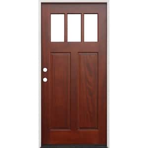 36 in. x 80 in. Pecan Right-Hand Inswing 3-Lite Clear Insulated Glass Mahogany Prehung Entry Door - FSC 100%
