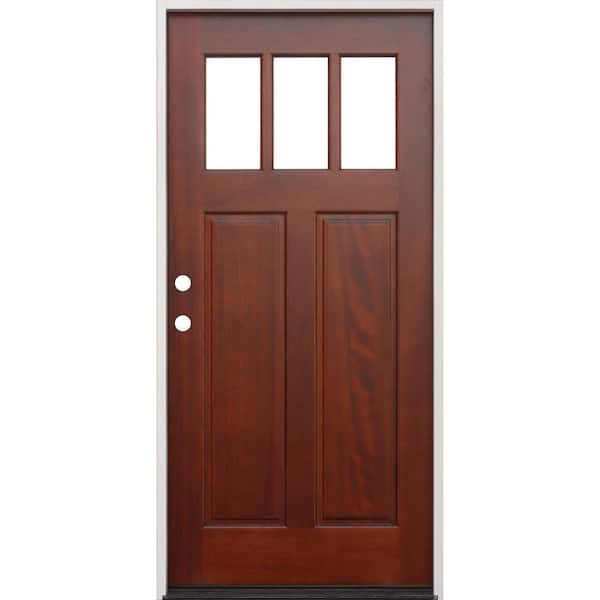 Pacific Entries 36 in. x 80 in. Pecan Right-Hand Inswing 3-Lite Clear Insulated Glass Mahogany Prehung Entry Door - FSC 100%
