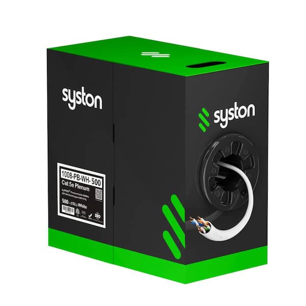 Syston Cable Technology 500 ft. White CMP Cat 5e 350 MHz 24 AWG Solid Bare Copper Ethernet Network Wire Data Cable - Bulk No Ends Heat Resistant