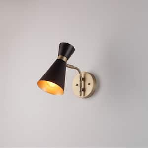 1-Light Matte Black Wall Sconce with Matte Brass Accents