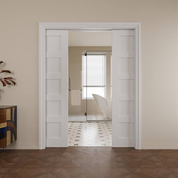 56 in. x 80 in. Paneled 5-Lite White Primed MDF Pocket Sliding Door with Pocket Door Hardware Kit Soft Close Included