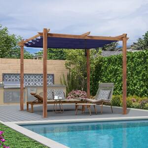 10 ft. x 10 ft. Natural Wood Grain Aluminum Pergola with Navy Blue Retractable Sun Shade Canopy and Extra Top Roof